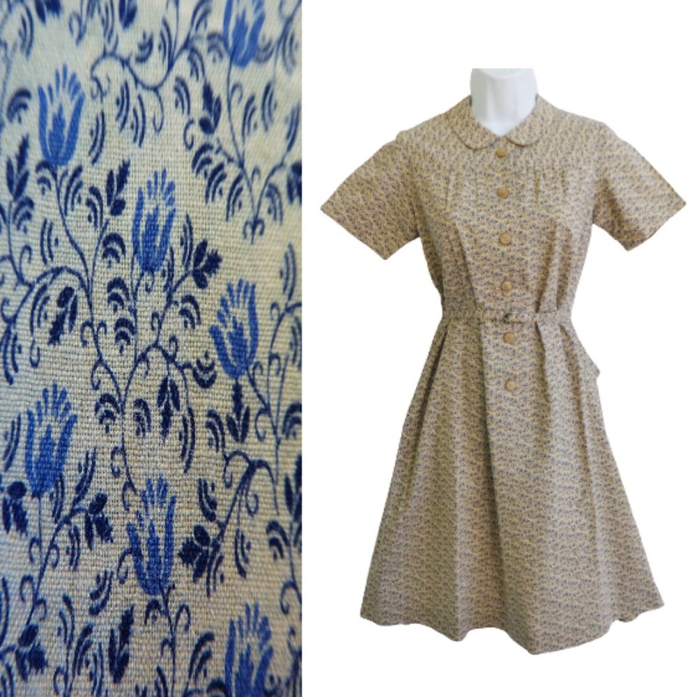 Vintage 40s Cottagecore Cotton Dress Peter Pan Collar Belted Gathered Front Yoke